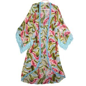 Womens Tropical Kimono Duster Blue Fringe O/S Boho Retro Mrs Roper Palm Beach